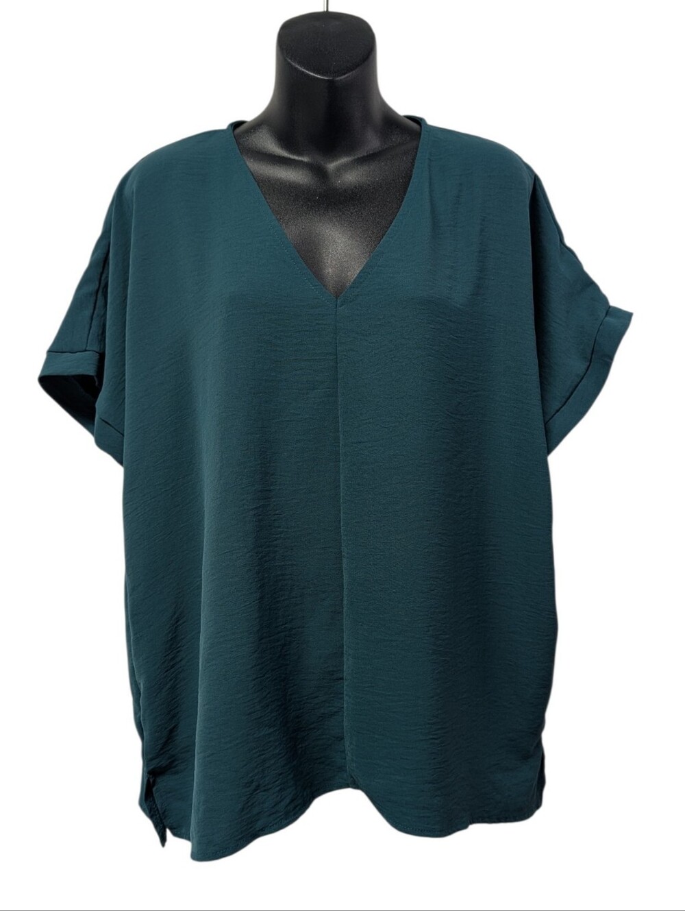 mts Womens Teal Solid V-Neck Short Sleeve Pullover Blouse Regular Size M